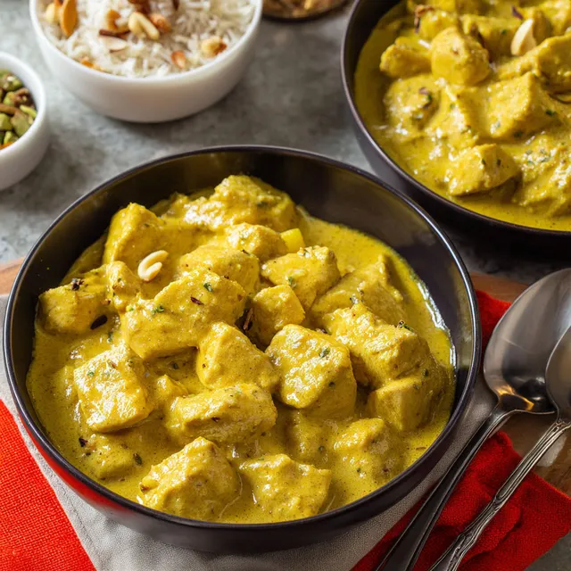 Un plat savoureux de cari de poulet avec acccompagnements festifs.