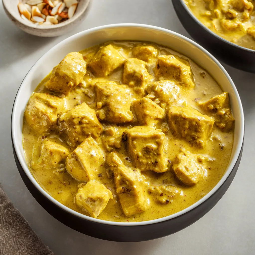 Soupe curry avec morceaux de poulet et coco.
