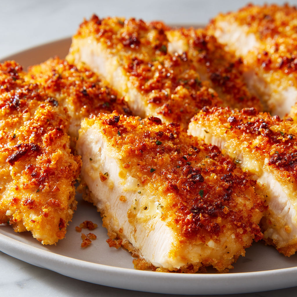 Assiette blanche garnie de morceaux de poulet dorés et croustillants avec fromage.