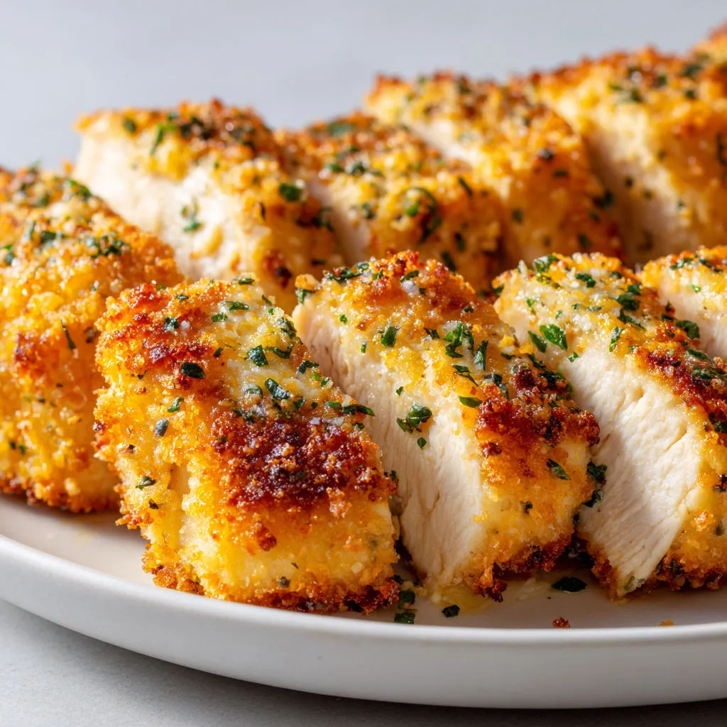 Un blanc de poulet bien doré entouré d’herbes et de légumes, prêt à déguster.