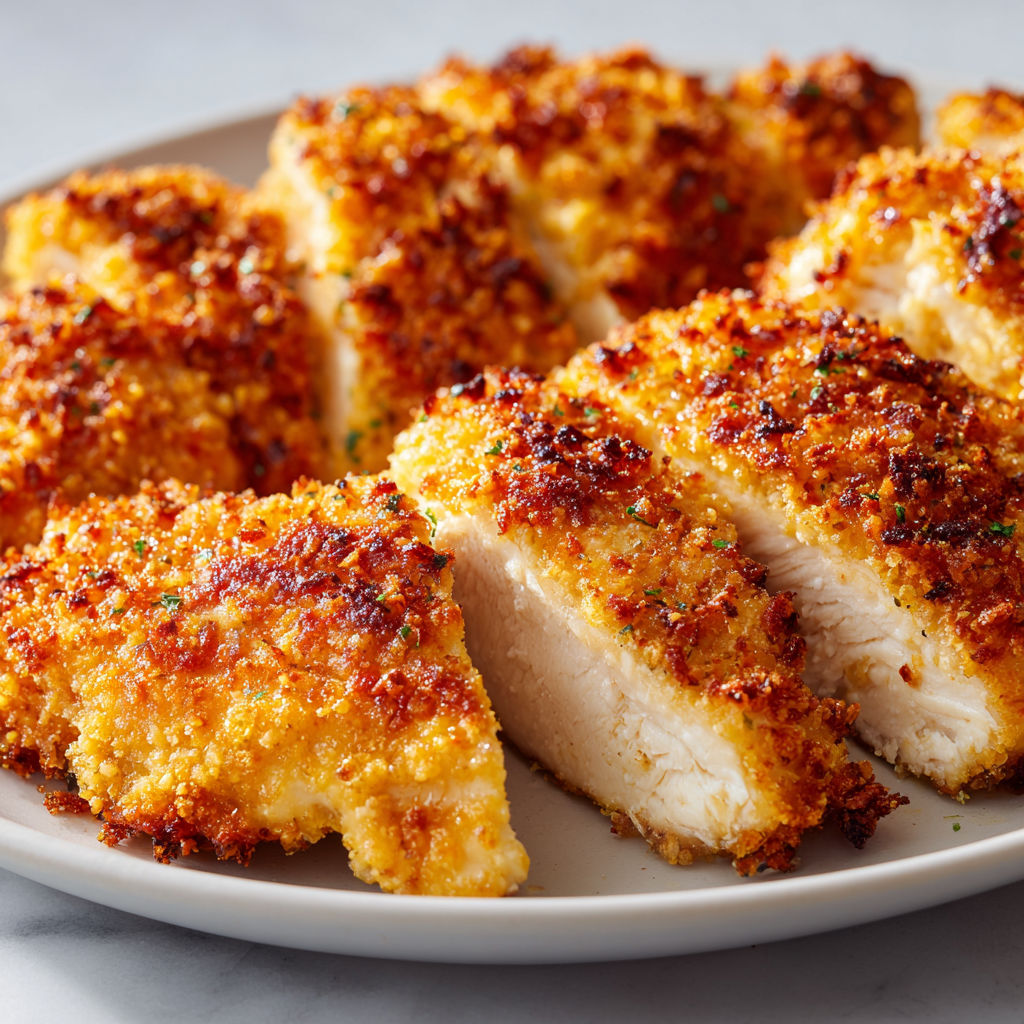 Un plateau de poulet pané croustillant garni d’herbes fraîches et d’épices.