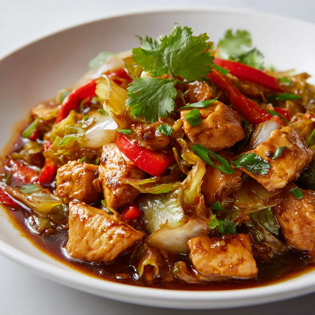 Plat inspiré de la cuisine asiatique servi dans un bol en porcelaine.