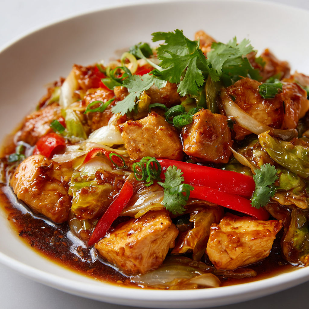 Plat chinois coloré avec légumes et viande servi dans un bol blanc.