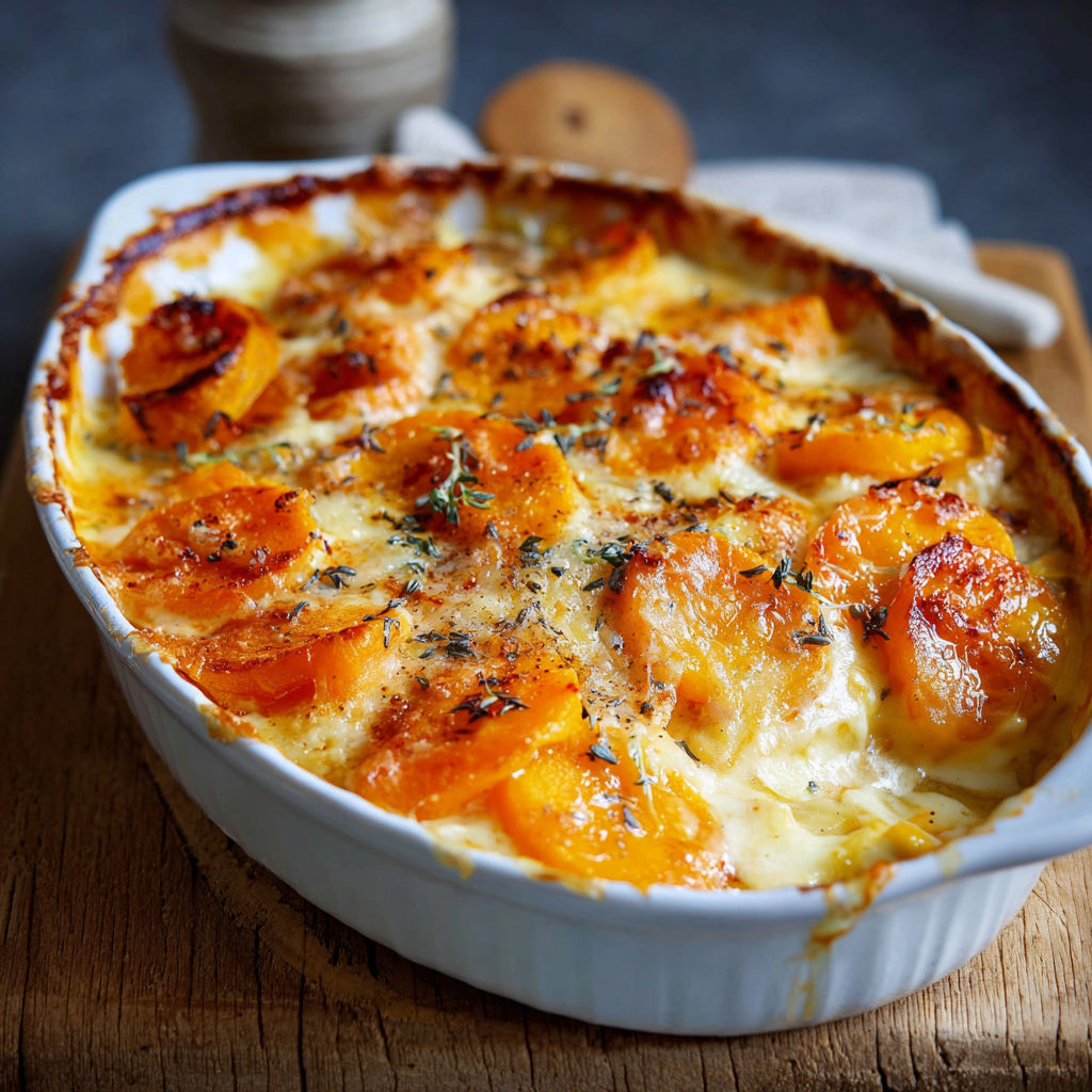 Un plat servi de butternut et pommes de terre gratinées, doré à souhait.