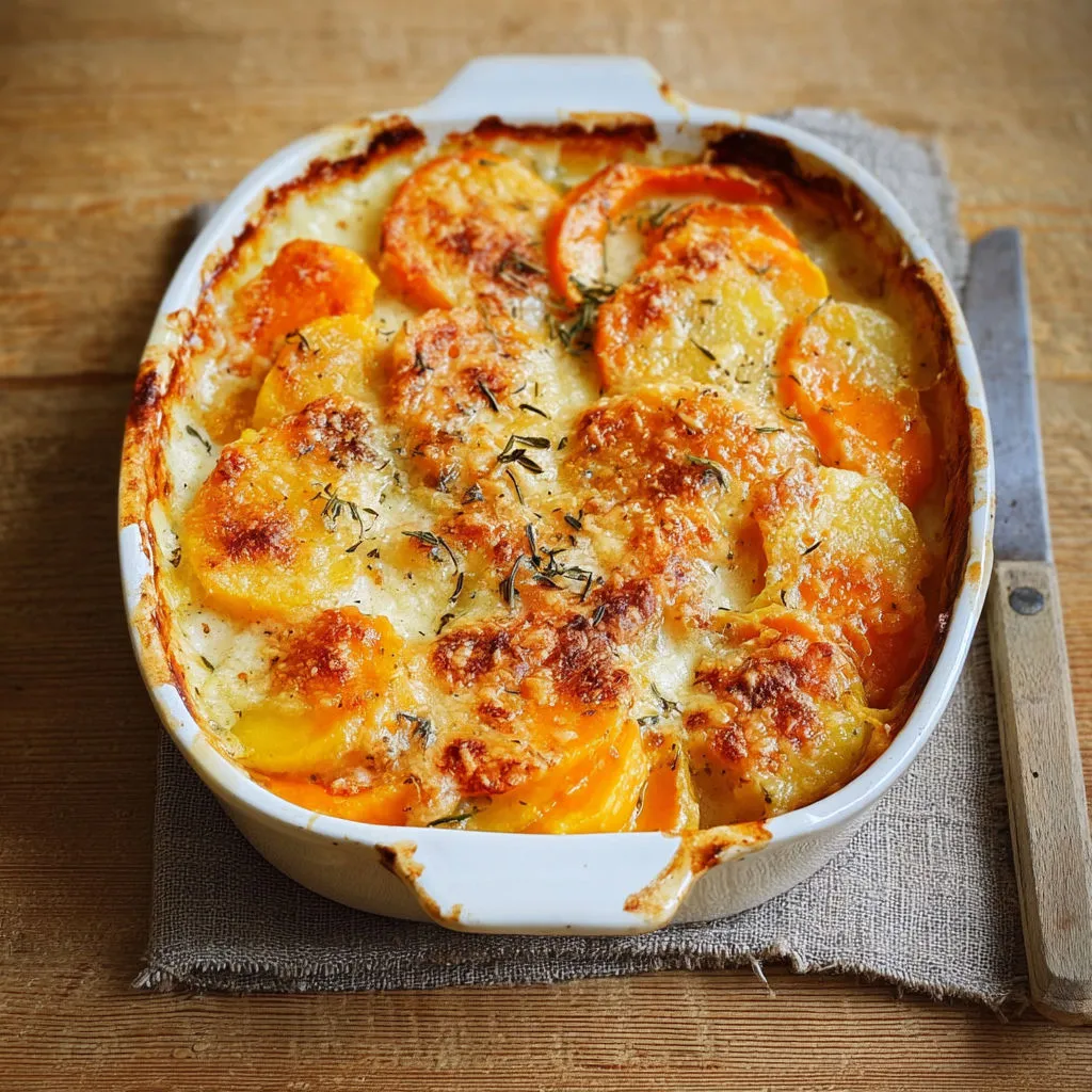 Tarte aux pommes et épinards, servie sur une planche en bois.
