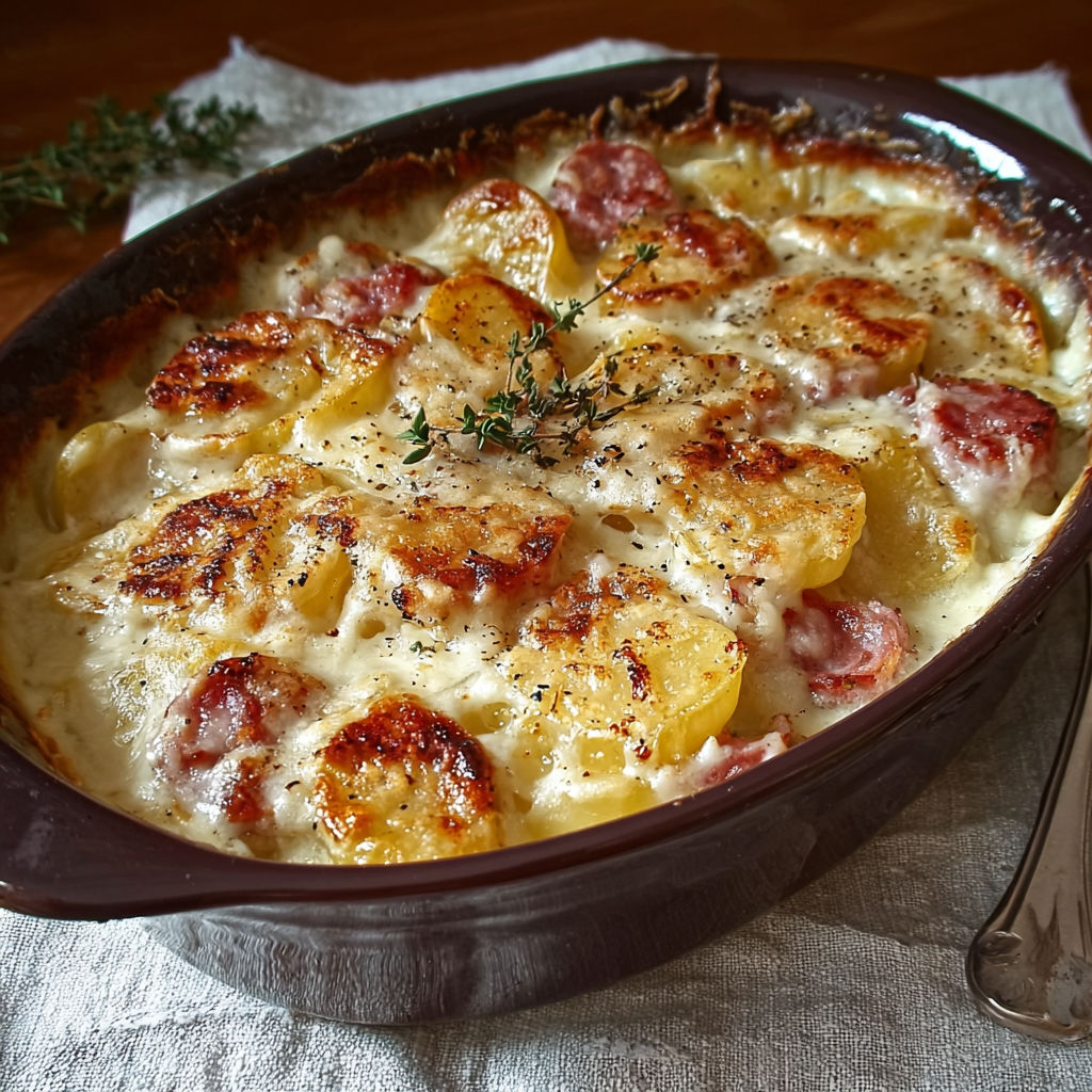 Un gratin généreux de pommes de terre avec de la saucisse de Morteau et de la cancoillotte servi sur un plateau.