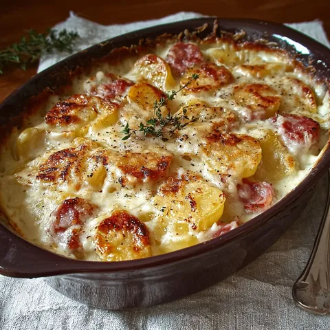 Un gratin généreux de pommes de terre avec de la saucisse de Morteau et de la cancoillotte servi sur un plateau.