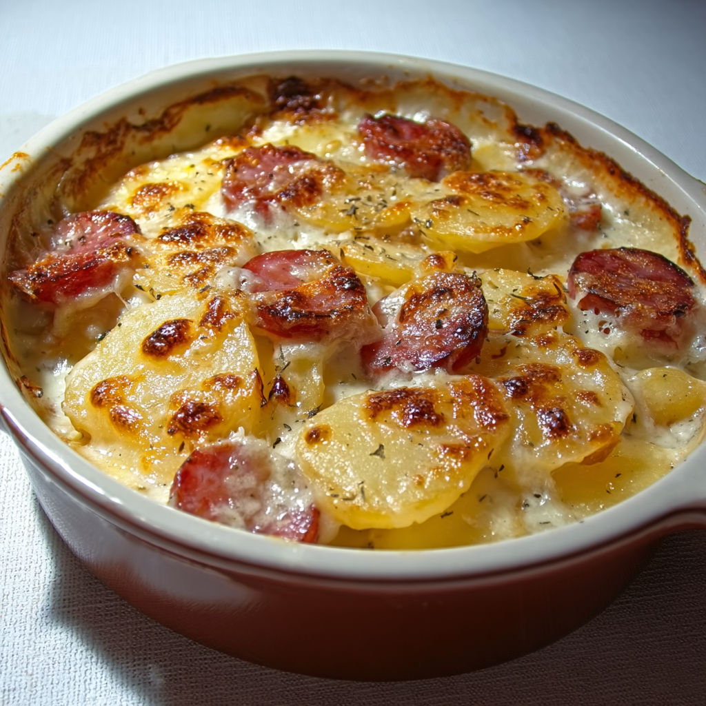 Un gratin de pommes de terre et jambon servi dans un bol en céramique.