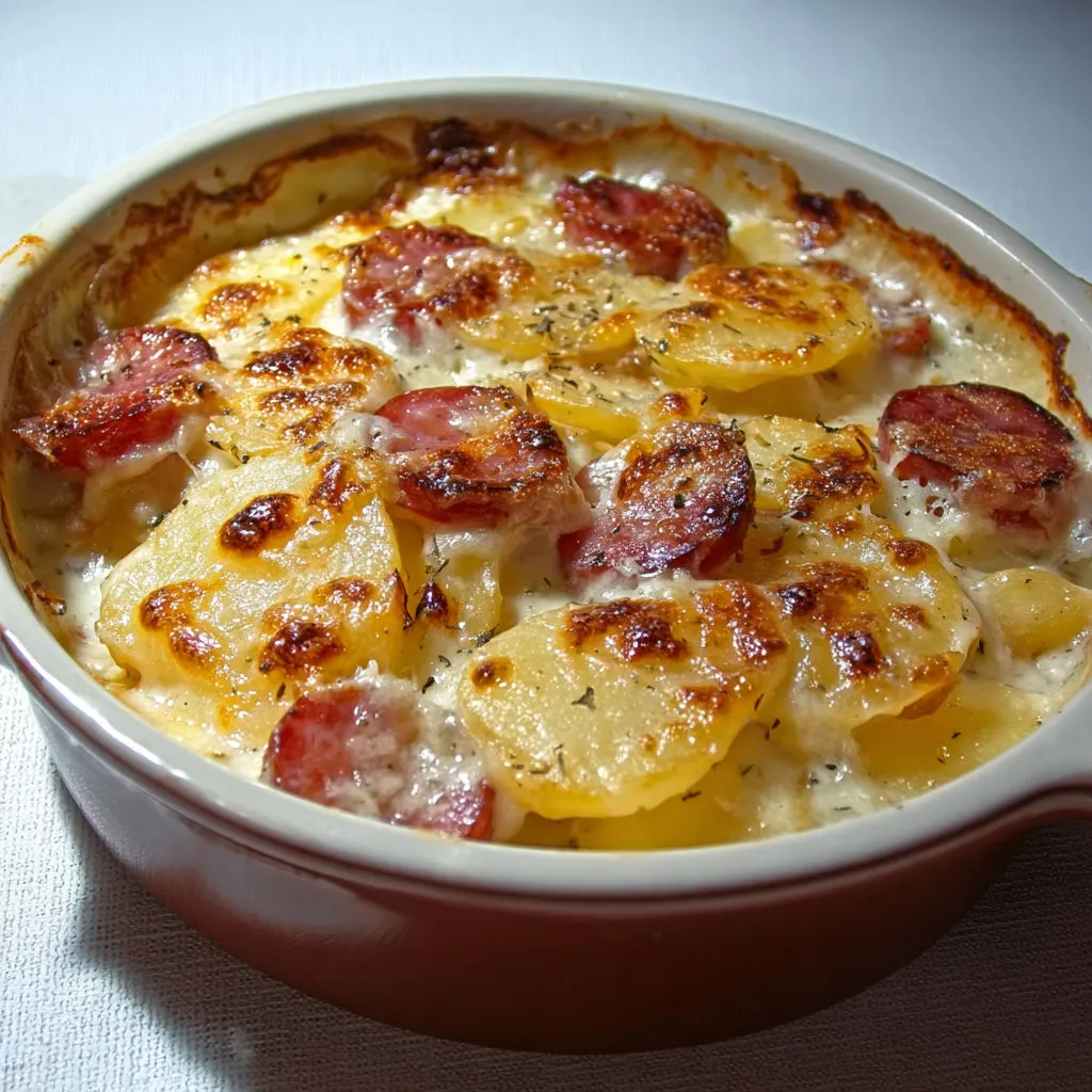 Un gratin de pommes de terre et jambon servi dans un bol en céramique.