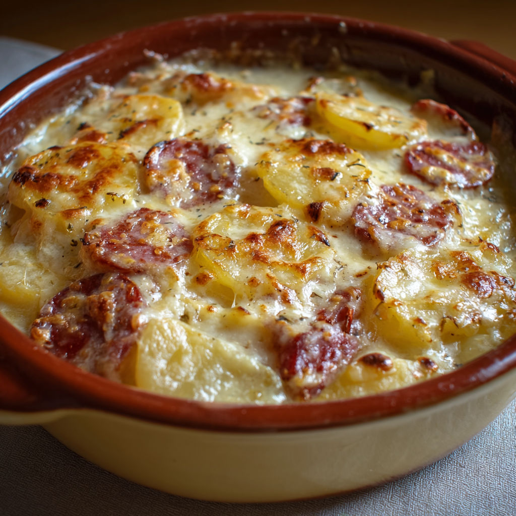 Un gratin de pommes de terre et fromage présenté dans un bol en céramique.