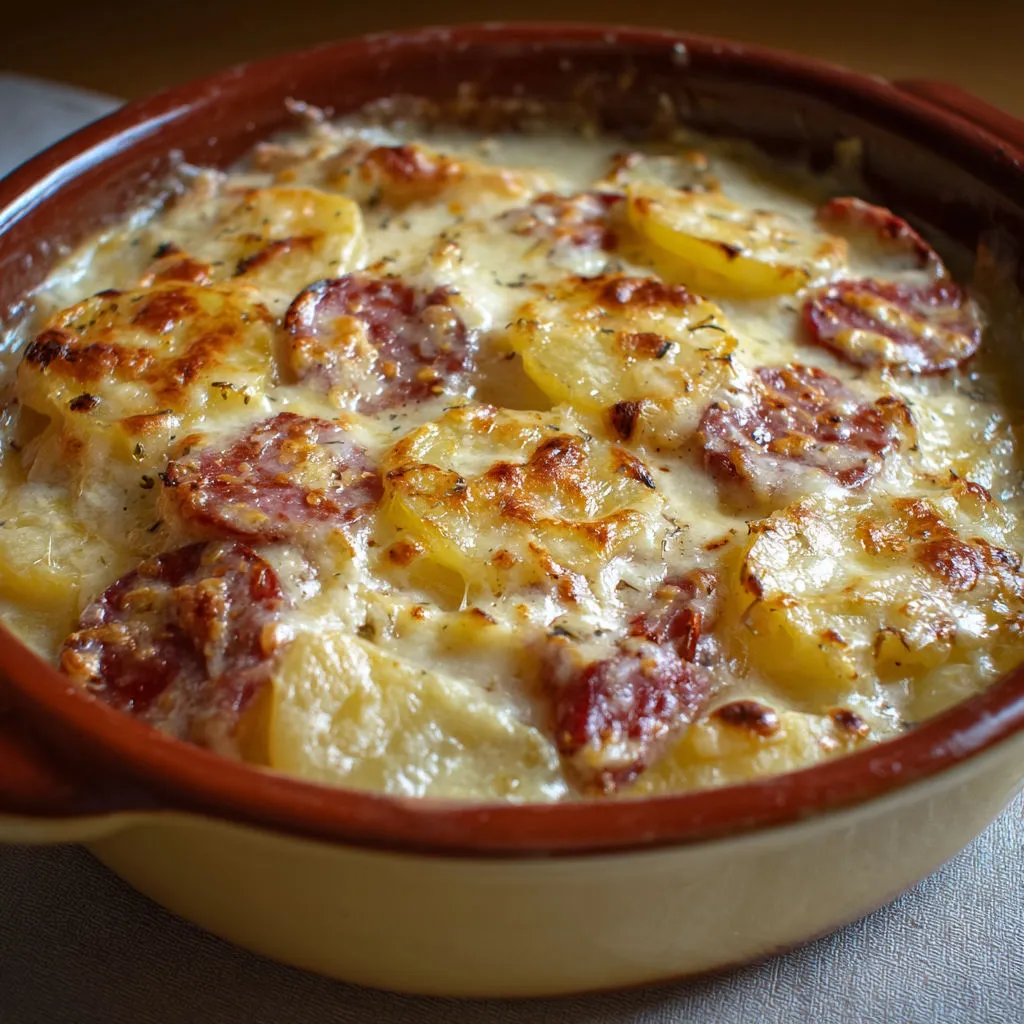 Un gratin de pommes de terre et fromage présenté dans un bol en céramique.