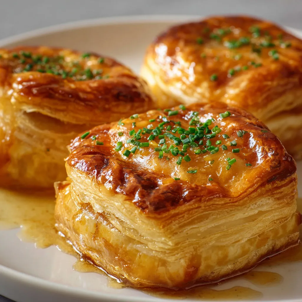 Petits chaussons au foie gras et oignon confit servis sur un joli plat en porcelaine.
