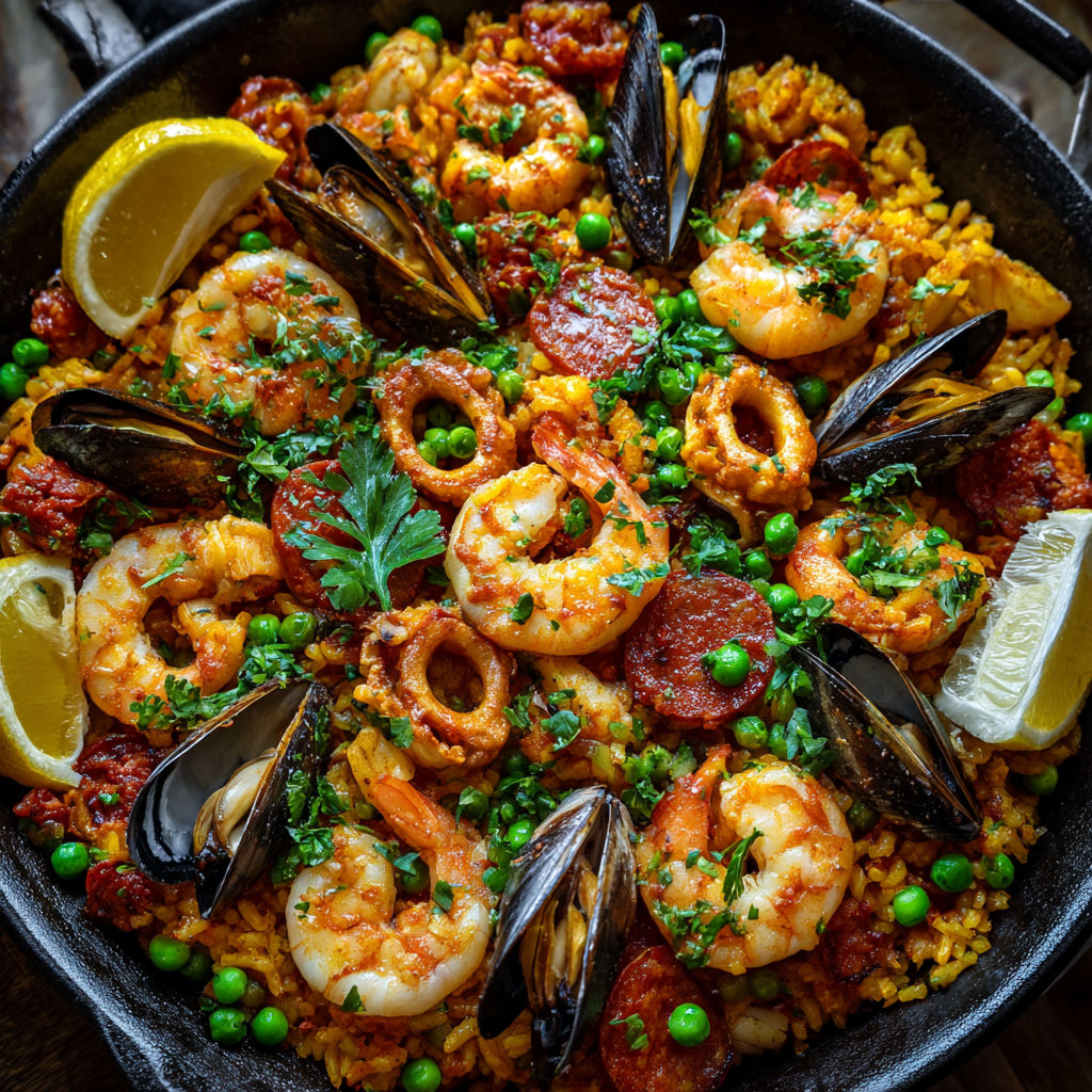 Un plat de paella espagnole généreuse au chorizo, fruits de mer et légumes.