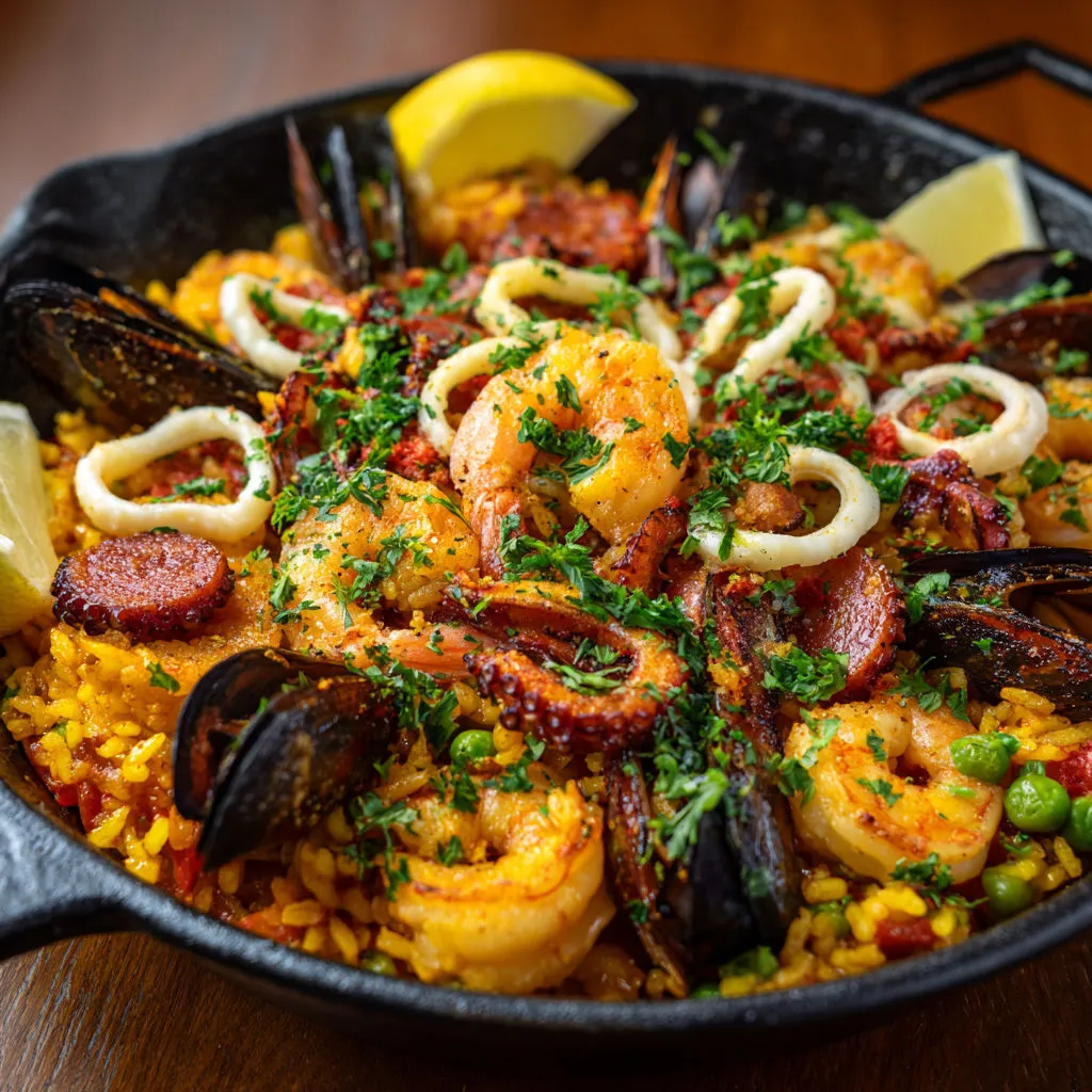 Une poêlée espagnole colorée au chorizo, crevettes, encornets et moules, servie toute chaude.