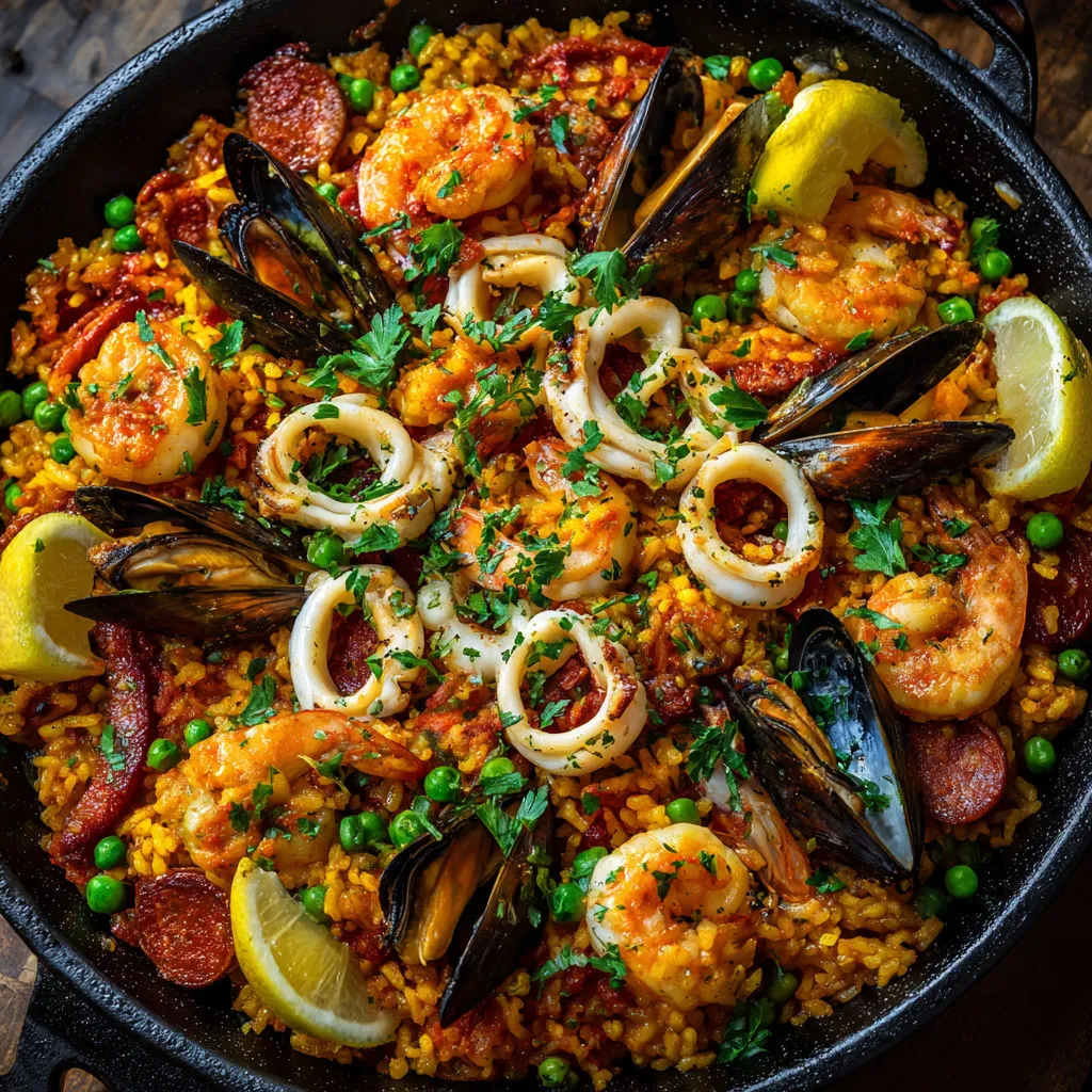 Plat espagnol à base de riz, chorizo, crevettes, encornets et moules dans une grande poêle.