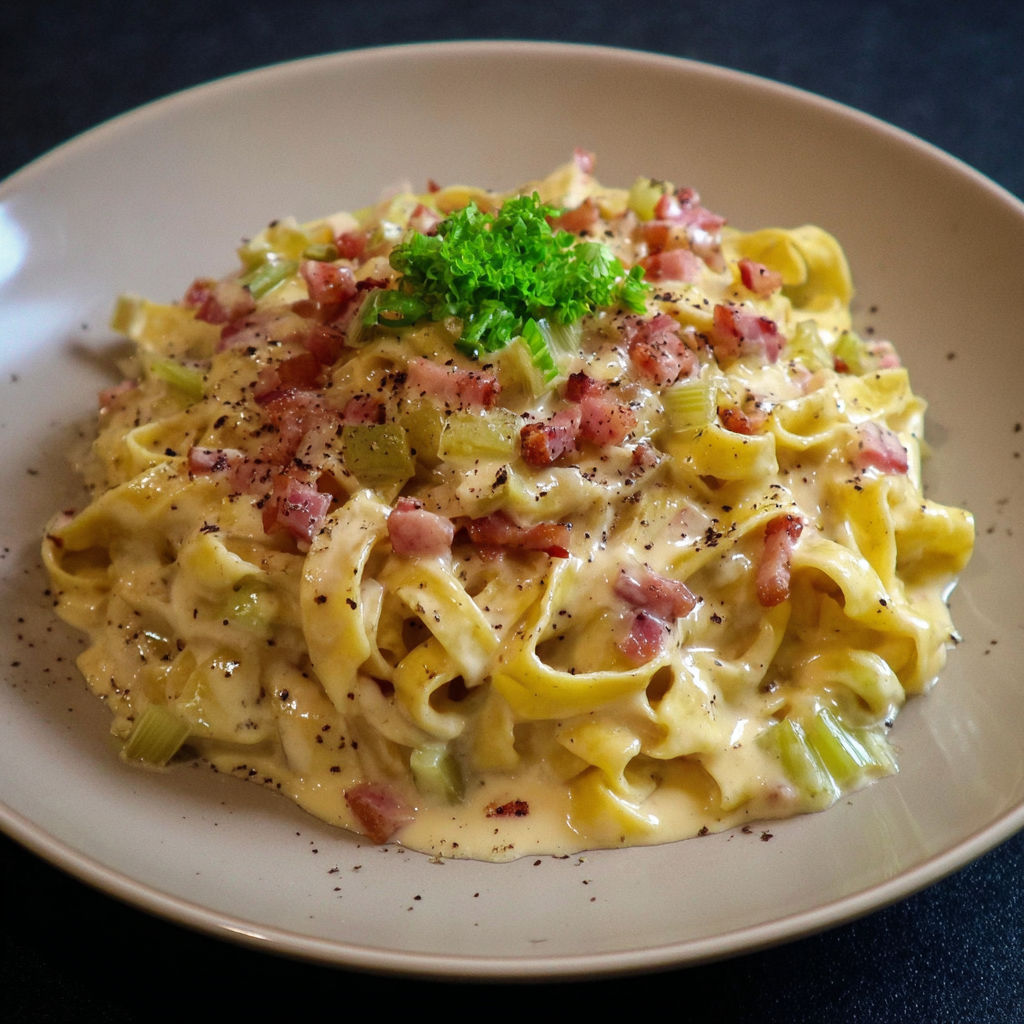Plat de tagliatelles aux poireaux carbonara servi sur une table.
