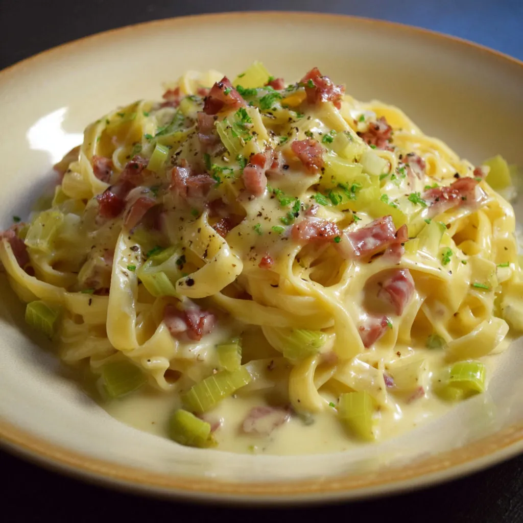 Plat de spaghetti carbonara aux légumes verts et bacon.