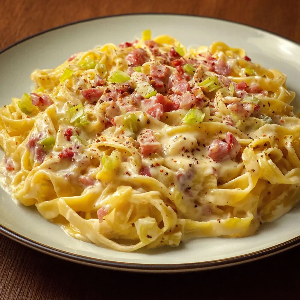 Plat de macaroni au bacon et légumes.