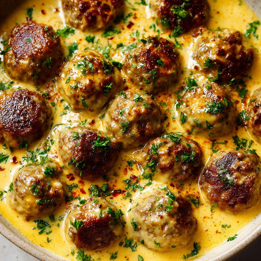 Des boulettes de viande plongées dans une soupe crémeuse.