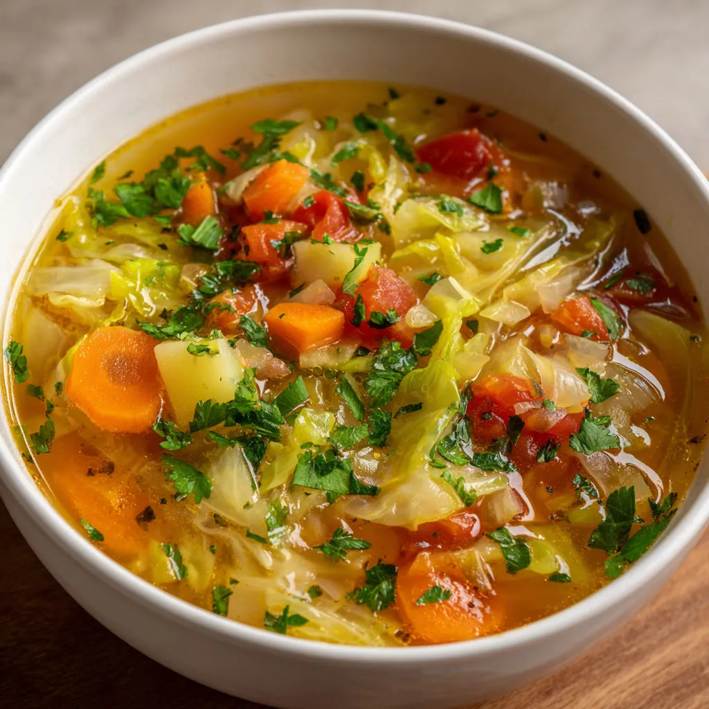Un bol blanc rempli de soupe détox au chou, carotte, tomate et oignon posé sur une table.