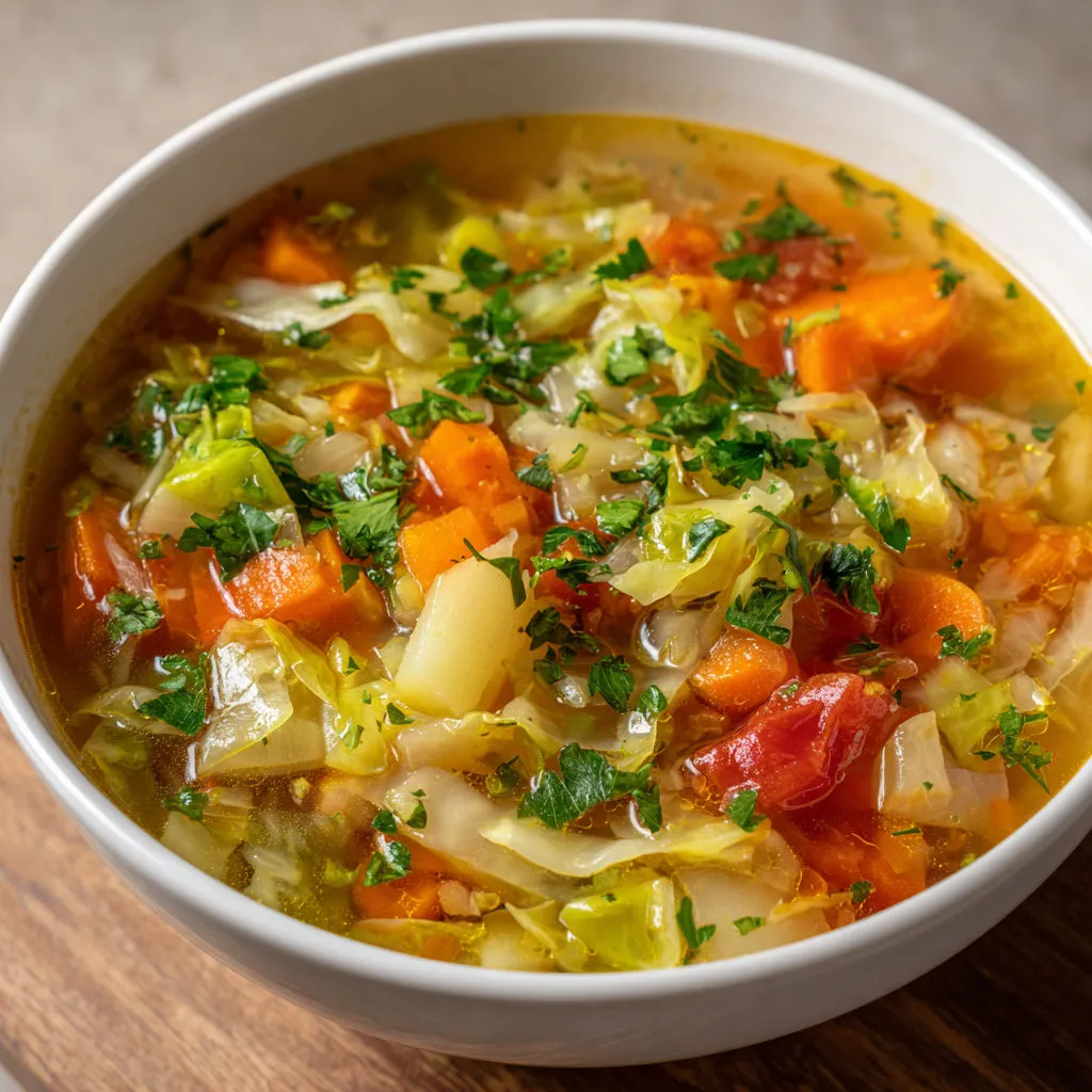 Bol de soupe détox au chou, carotte, tomate et oignon à table.