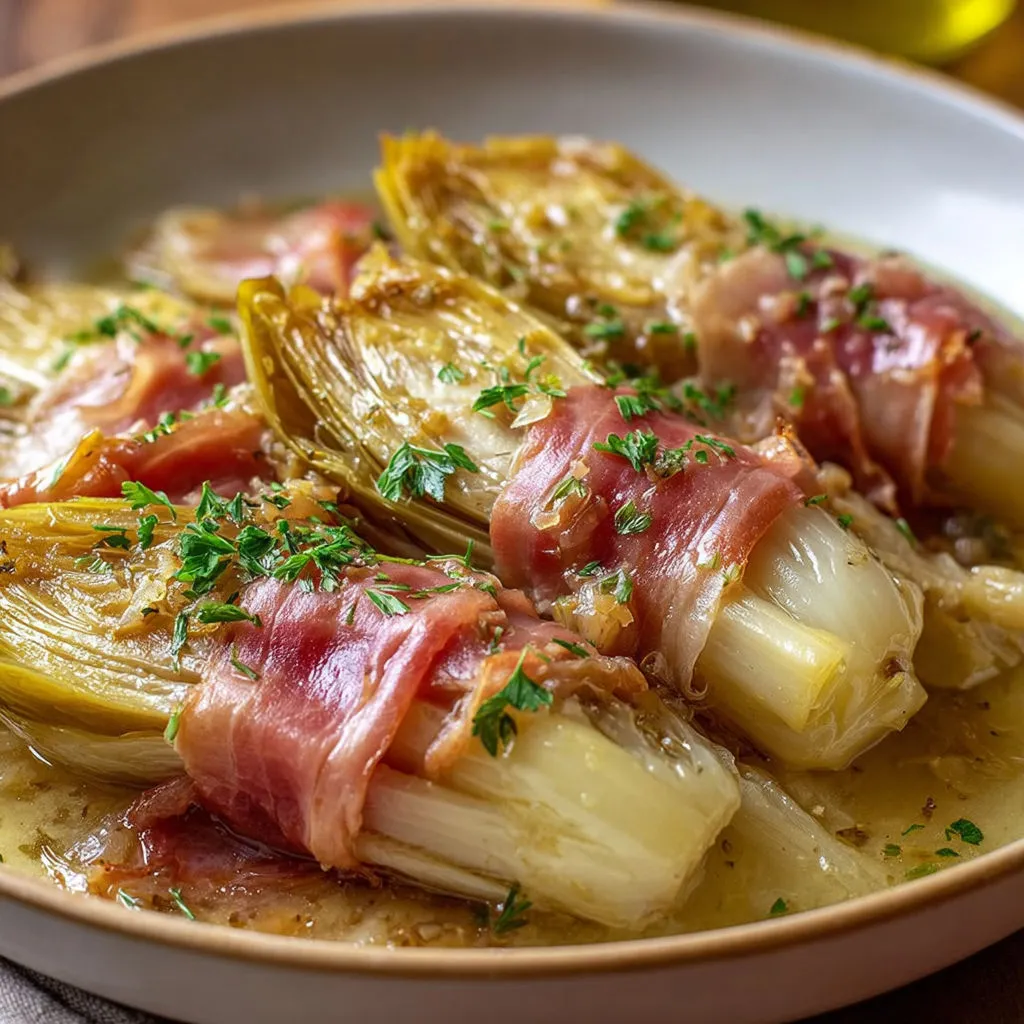 Légumes mijotés servis avec du jambon dans une sauce riche.