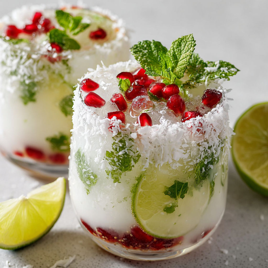 Verre Mojito Noël Blanc décoré de fruits rouges et menthe fraîche.