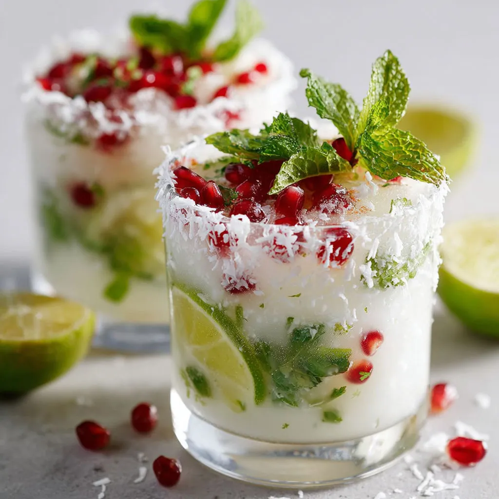 Verre de cocktail avec fruits frais et herbes.