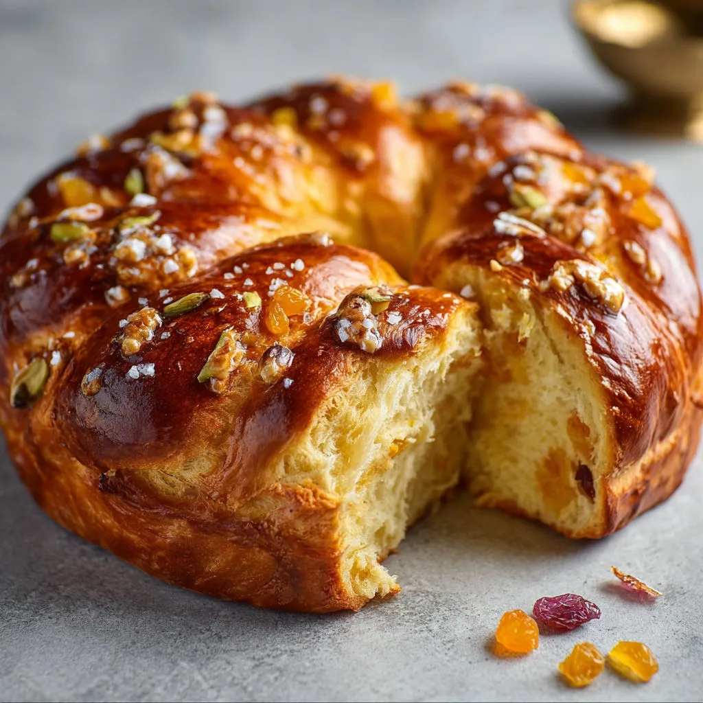 Une tranche de brioche moelleuse aux fruits confits posée sur une table.