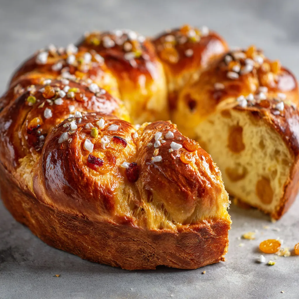 Une tranche de couronne briochée aux fruits confits et noix sur une table.