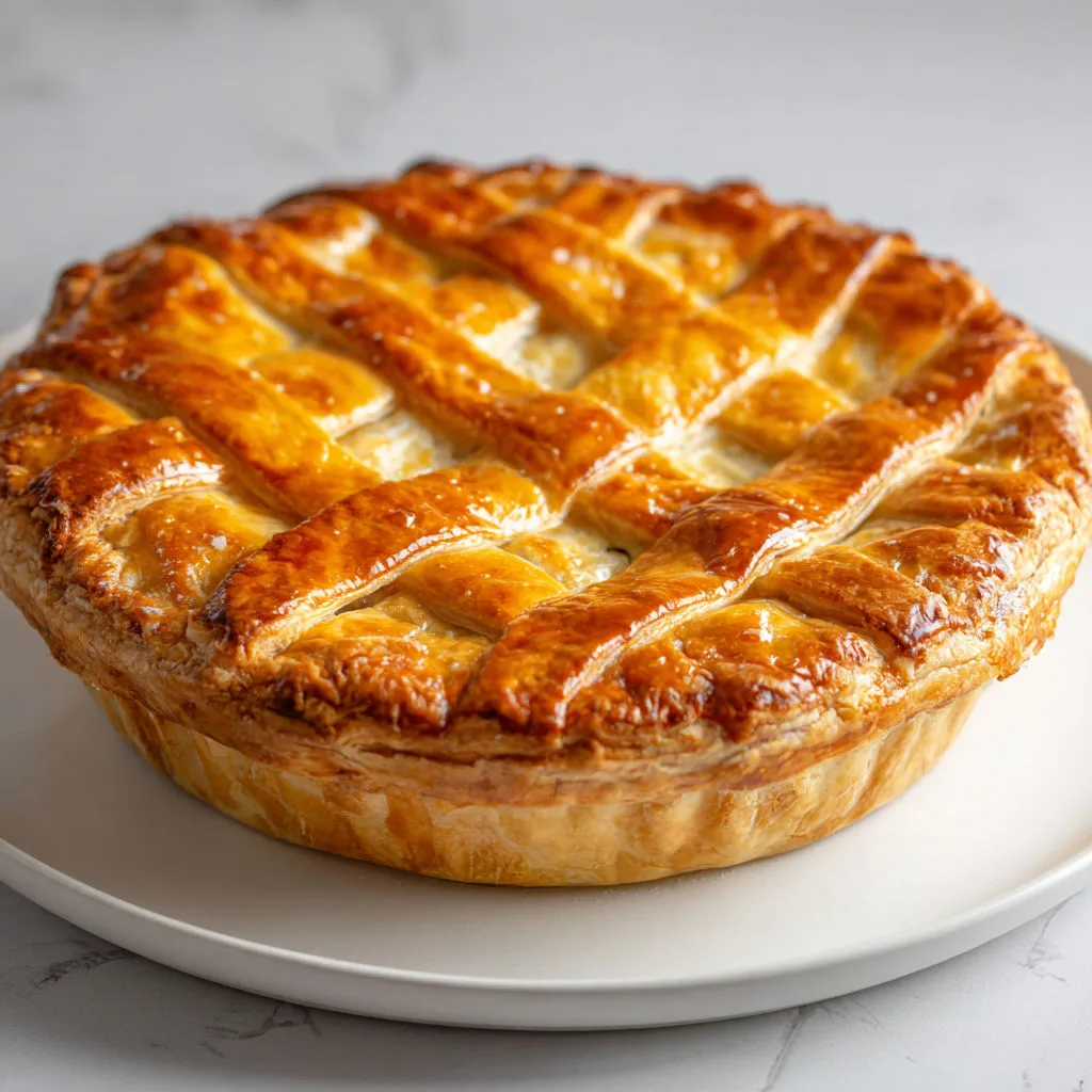 Une tarte salée sur un plat en verre.