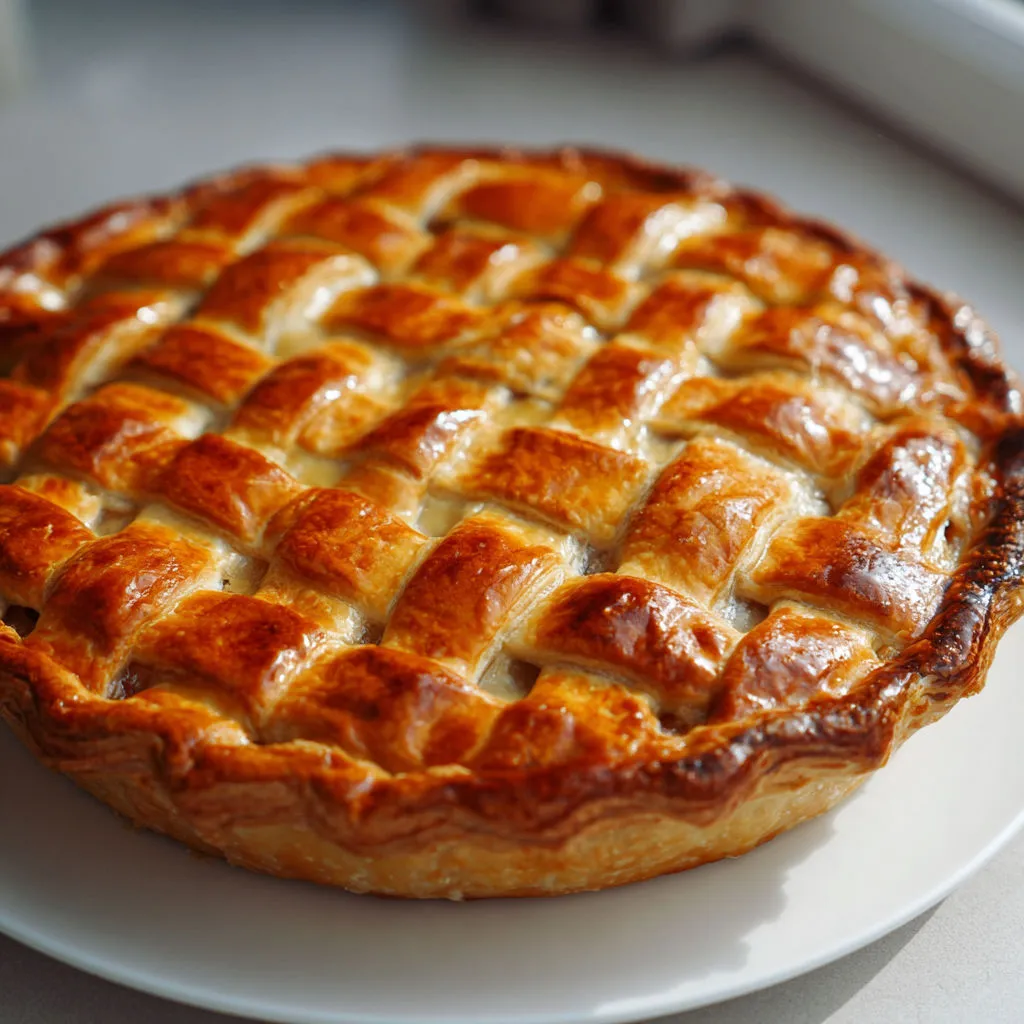 Une tarte aux pommes posée sur un plat.