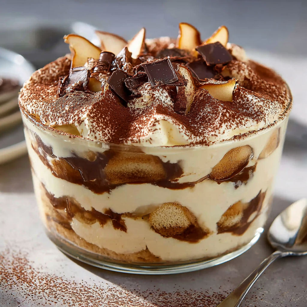 Un dessert poire et chocolat en coupe avec crème et fruits frais, surmonté de cacao.