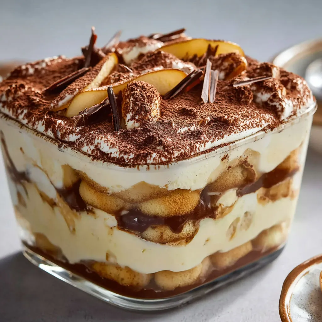 Un dessert poire-chocolat garni de copeaux de chocolat dans un bol transparent.