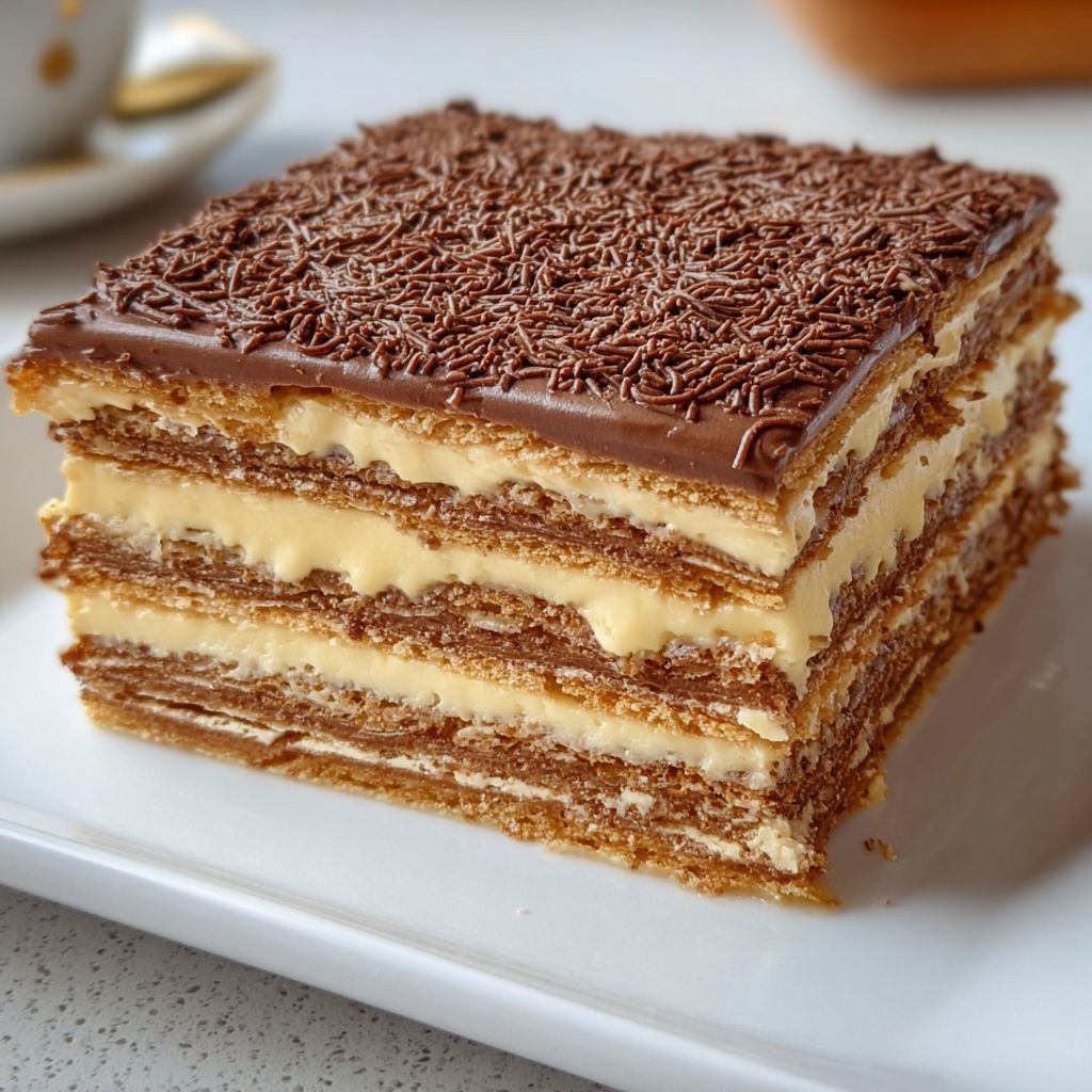 Un gâteau Petit Beurre Café présenté sur un plateau.