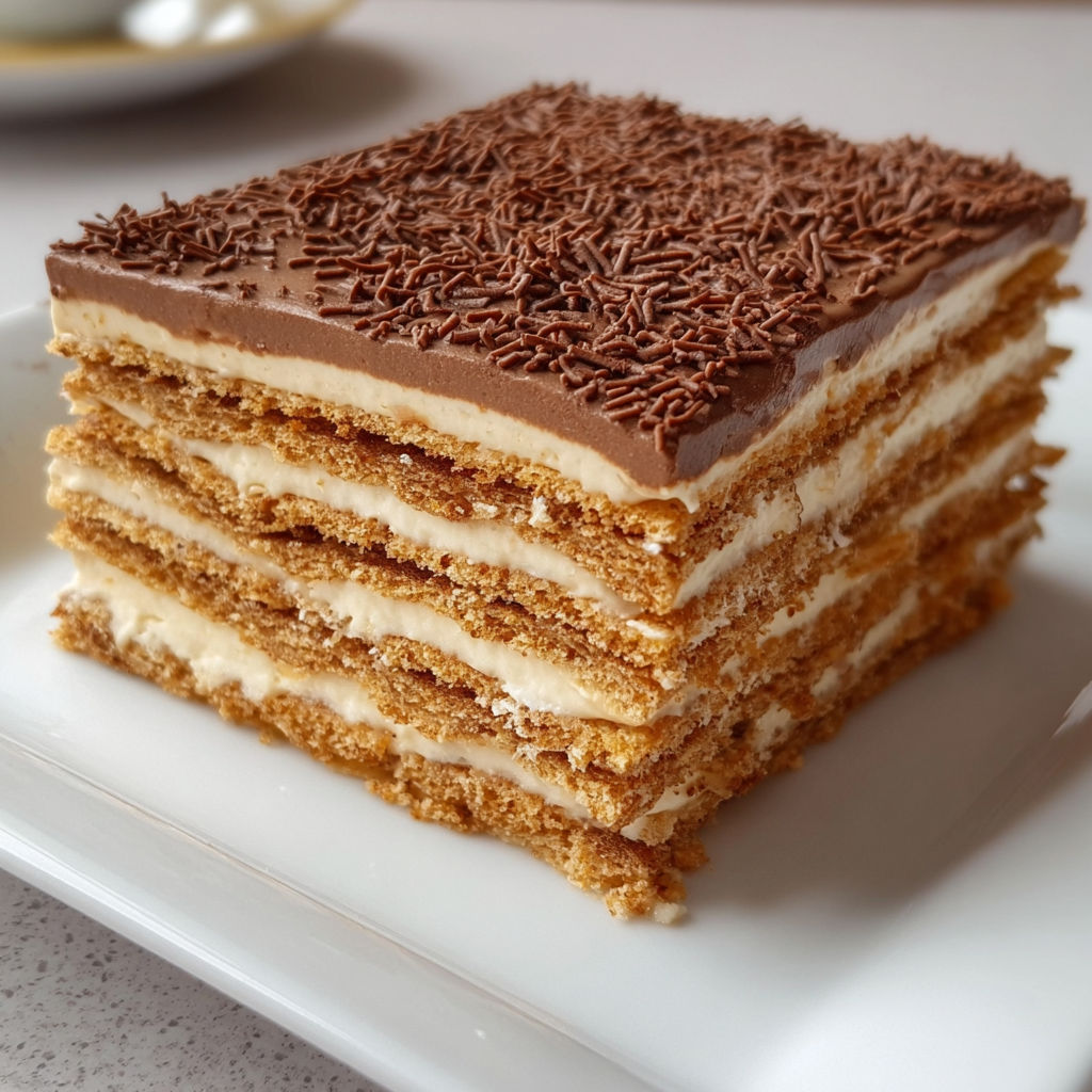 Tranches de tarte choco avec crème et miettes de chocolat.