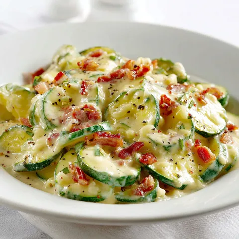 Assiette de courgettes en sauce crémeuse à la Vache qui Rit, posée sur une table clair.