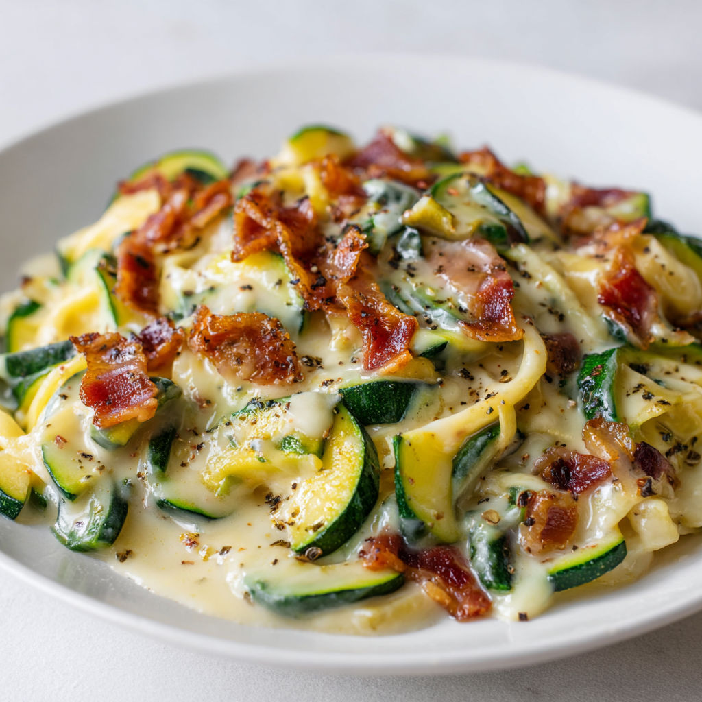 Une assiette de spaghetti à la carbonara avec des courgettes et des lardons.