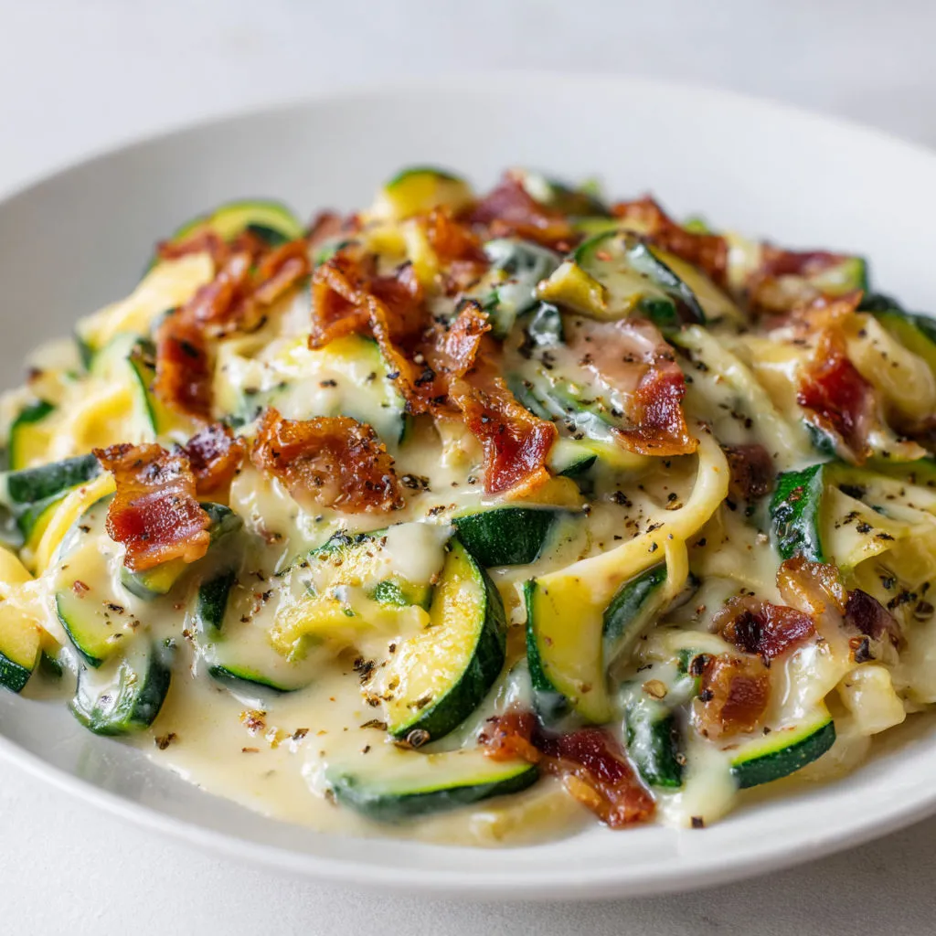 Une assiette de spaghetti à la carbonara avec des courgettes et des lardons.