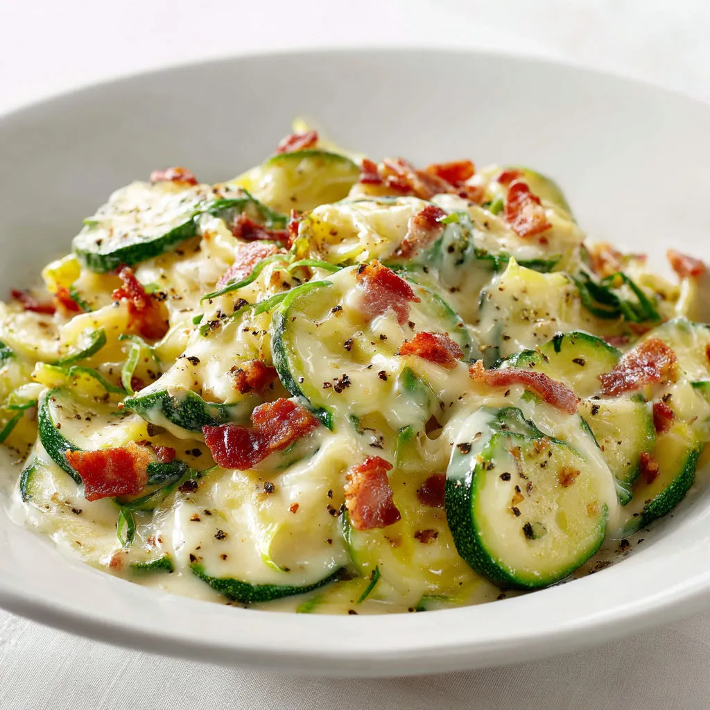 Une assiette de pâtes avec des légumes verts et des lardons.