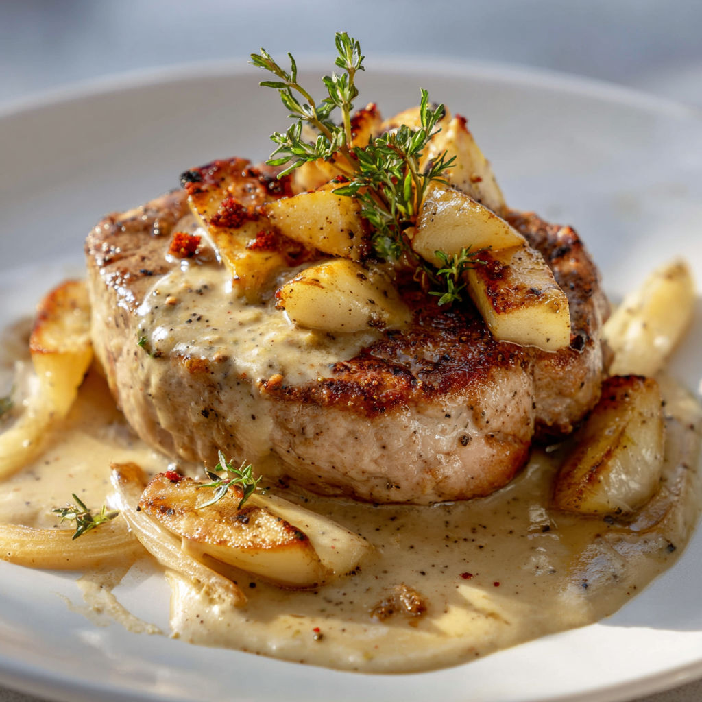 Un plat de filet mignon de porc accompagné de pommes et nappé d'une sauce.