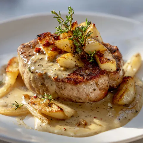 Un plat de filet mignon de porc accompagné de pommes et nappé d'une sauce.