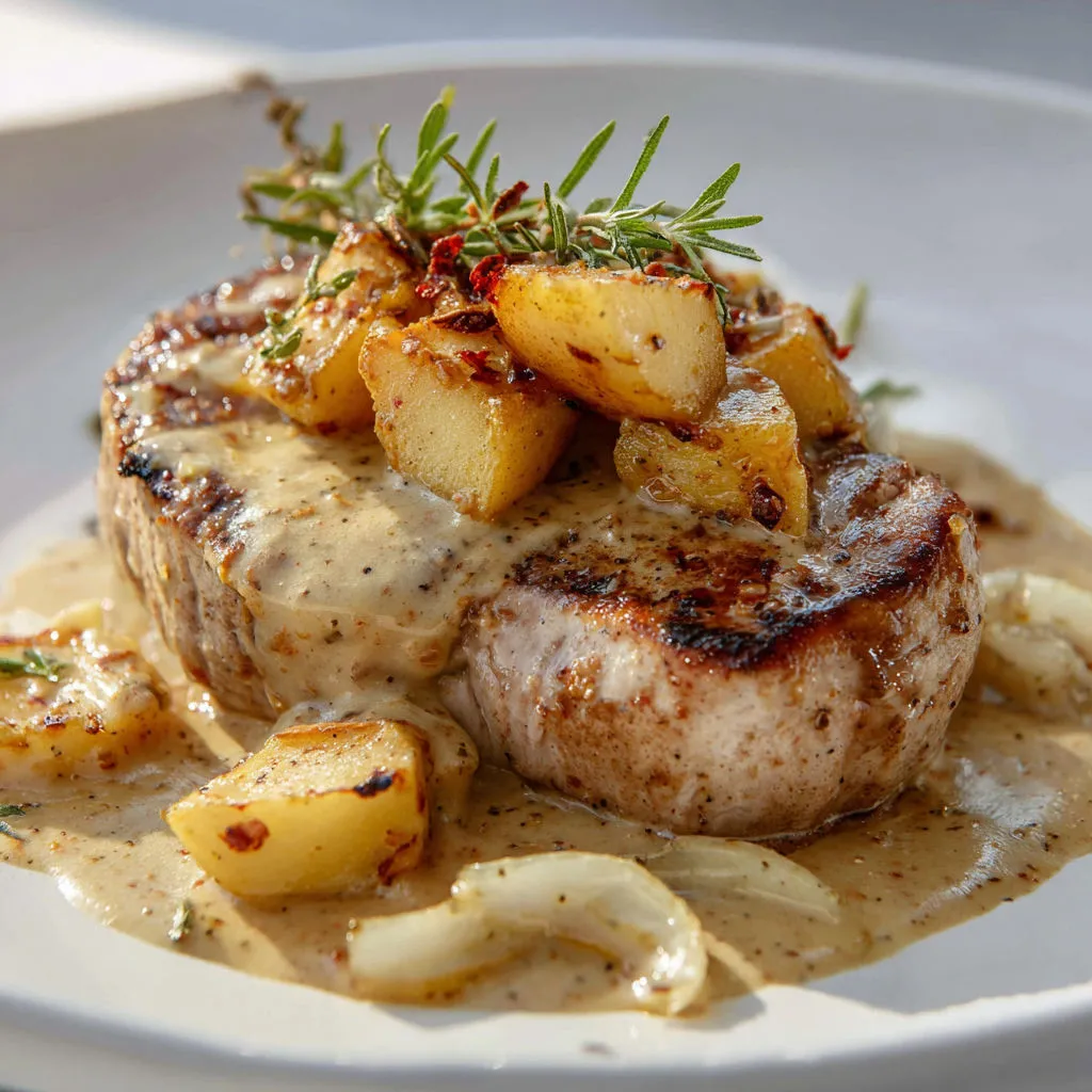 Un morceau de filet mignon doré nappé d’une sauce au pesto, entouré de légumes rôtis comme oignons et pommes de terre, présenté sur un plat.