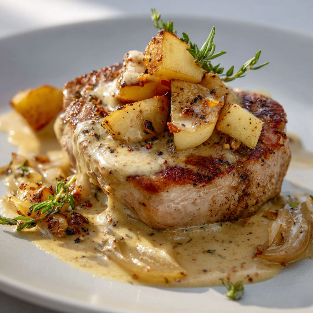 Un morceau de viande grillée avec pommes de terre et herbes, nappé d’une sauce beurrée.