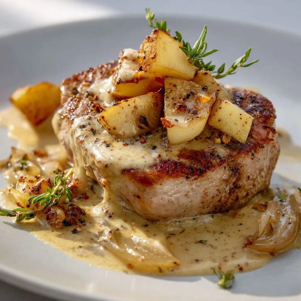 Un morceau de viande grillée avec pommes de terre et herbes, nappé d’une sauce beurrée.