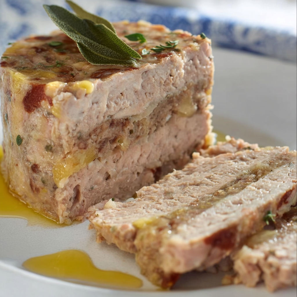 Une terrine de volaille présentée sur un plateau avec une sauce à côté.