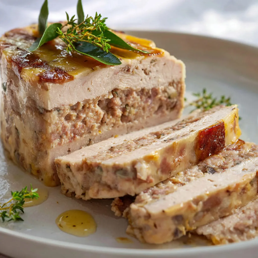 Une terrine de volaille posée sur un plateau, décorée de quelques herbes fraîches.
