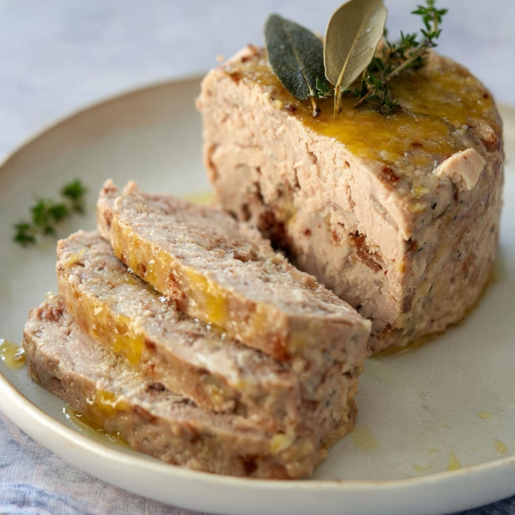 Terrine de volaille dressée sur un plateau.