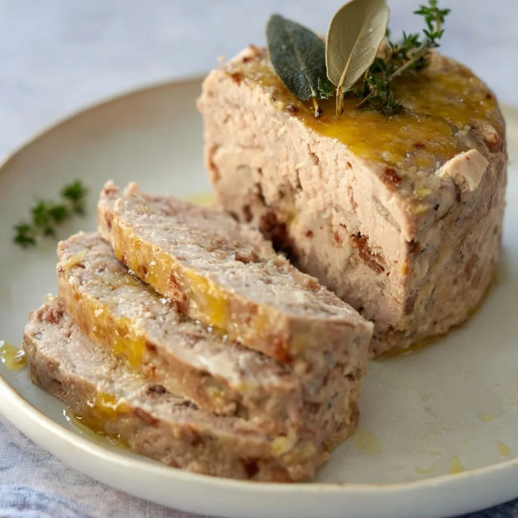 Terrine de volaille dressée sur un plateau.