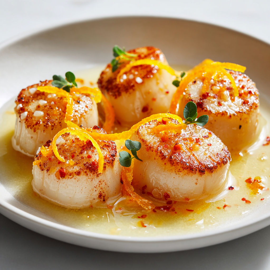 Noix de Saint-Jacques saisies à l’orange, avec des tranches d’agrumes en déco.